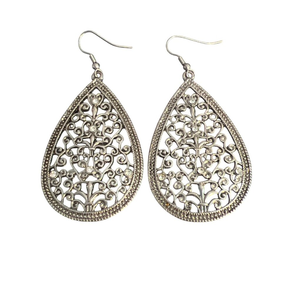 Teardrop Filigree Dangle Earrings Silver Tone Elegant Design Rhinestones Hook 3"